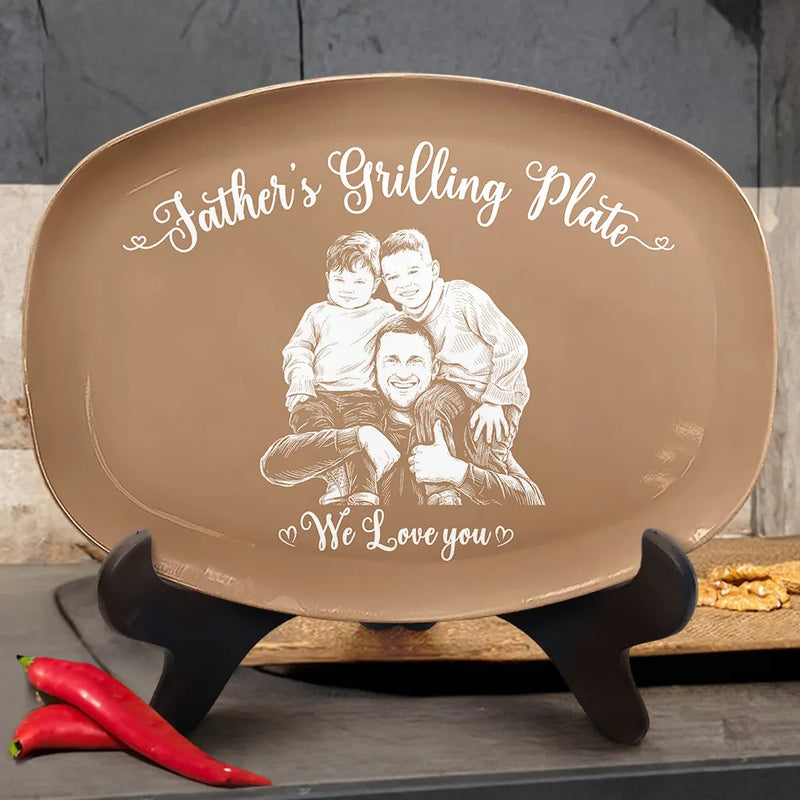 Gift For Father,Custom Photo,Grilling,Art Design,Proud,Photo - Pencil Sketch - Remove BG - Custom Photo Pencil Sketch Dad's Grilling Plate - Personalized Plate