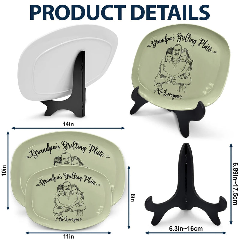Gift For Father,Custom Photo,Grilling,Art Design,Proud,Photo - Pencil Sketch - Remove BG - Custom Photo Pencil Sketch Dad's Grilling Plate - Personalized Plate