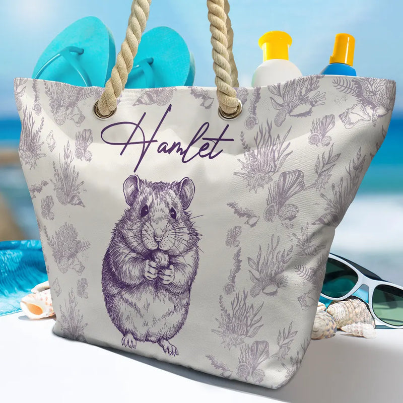 Pet Lovers,Pet Mom,Dog Lovers,Dog Mom,Cat Lovers,Cat Mom,Summer,Custom Photo,Happy - Custom Photo Pencil Sketch Dog Cat In Toile De Jouy Pattern - Personalized Beach Bag