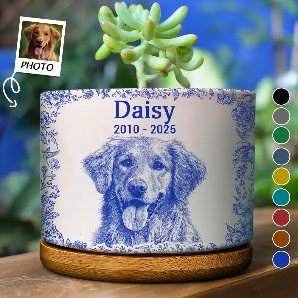 Pet Lovers,Pet Mom,Pet Dad,Memorial,Dog Lovers,Cat Lovers,Sad,Custom Photo - Custom Photo Pencil Sketch Dog Cat Memorial - Personalized Ceramic Plant Pot