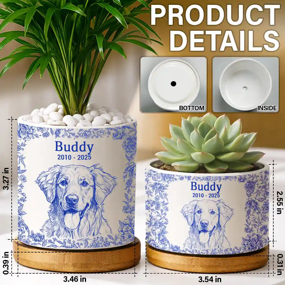 Pet Lovers,Pet Mom,Pet Dad,Memorial,Dog Lovers,Cat Lovers,Sad,Custom Photo - Custom Photo Pencil Sketch Dog Cat Memorial - Personalized Ceramic Plant Pot