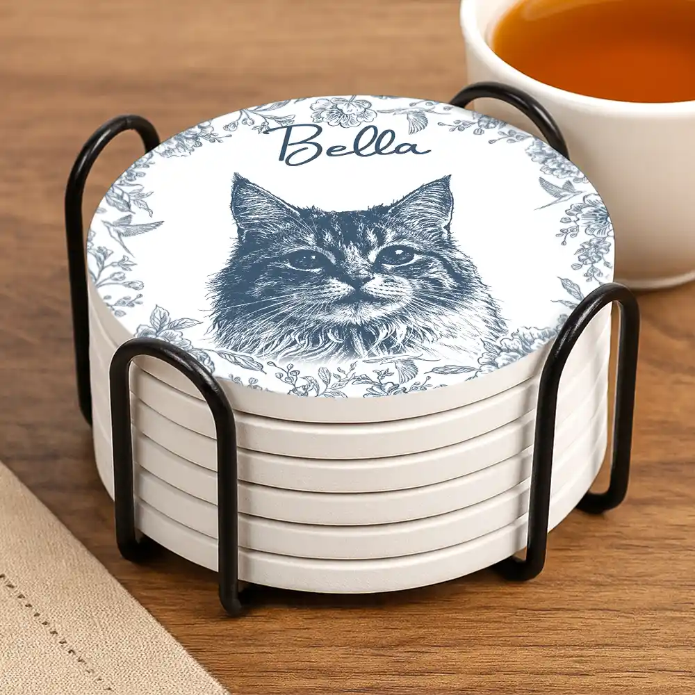 Pet Lovers,Pet Mom,Pet Dad,Dog Lovers,Dog Mom,Dog Dad,Cat Lovers,Cat Mom,Cat Dad,Love,Custom Photo - Custom Photo Pencil Sketch Dog Cat Portrait - Personalized Ceramic Coaster