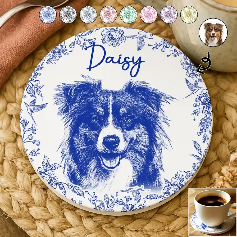 Custom Photo Pencil Sketch Dog Cat Portrait - Personalized Ceramic Coaster
