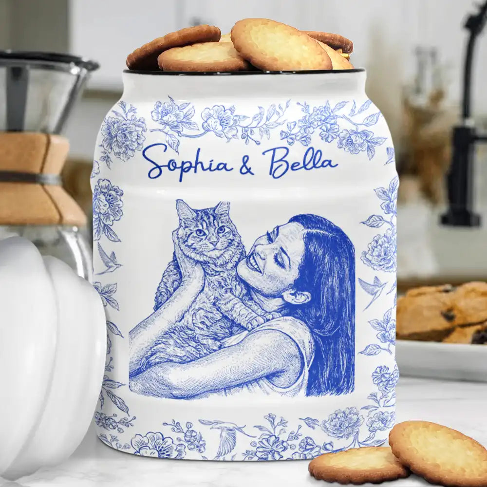 Family, Gift For Bestie, Dog Lovers, Cat Lovers, Happy, Custom Photo, Gift For Mother, Gift For Father - Custom Photo Pencil Sketch Dog Cat Portrait - Personalized Cookie Jar