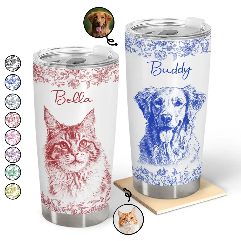 Pet Lovers,Pet Mom,Pet Dad,Dog Lovers,Dog Mom,Dog Dad,Cat Lovers,Cat Mom,Cat Dad,Happy,Custom Photo - Custom Photo Pencil Sketch Dog Cat Portrait - Personalized Tumbler