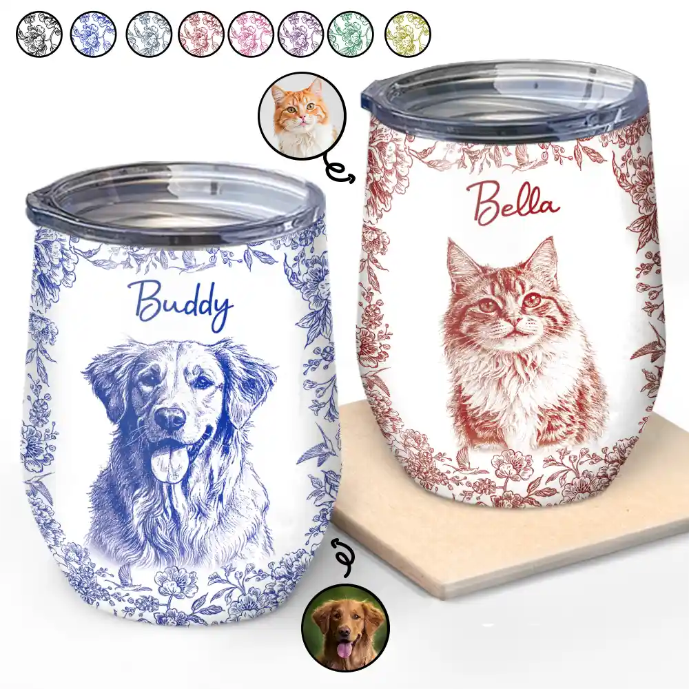 Pet Lovers,Pet Mom,Pet Dad,Dog Lovers,Dog Mom,Dog Dad,Cat Lovers,Cat Mom,Cat Dad,Happy,Custom Photo - Custom Photo Pencil Sketch Dog Cat Portrait - Personalized Wine Tumbler