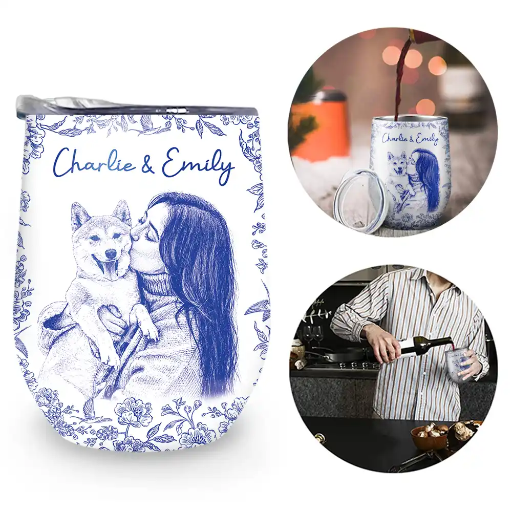 Pet Lovers,Pet Mom,Pet Dad,Dog Lovers,Dog Mom,Dog Dad,Cat Lovers,Cat Mom,Cat Dad,Happy,Custom Photo - Custom Photo Pencil Sketch Dog Cat Portrait - Personalized Wine Tumbler