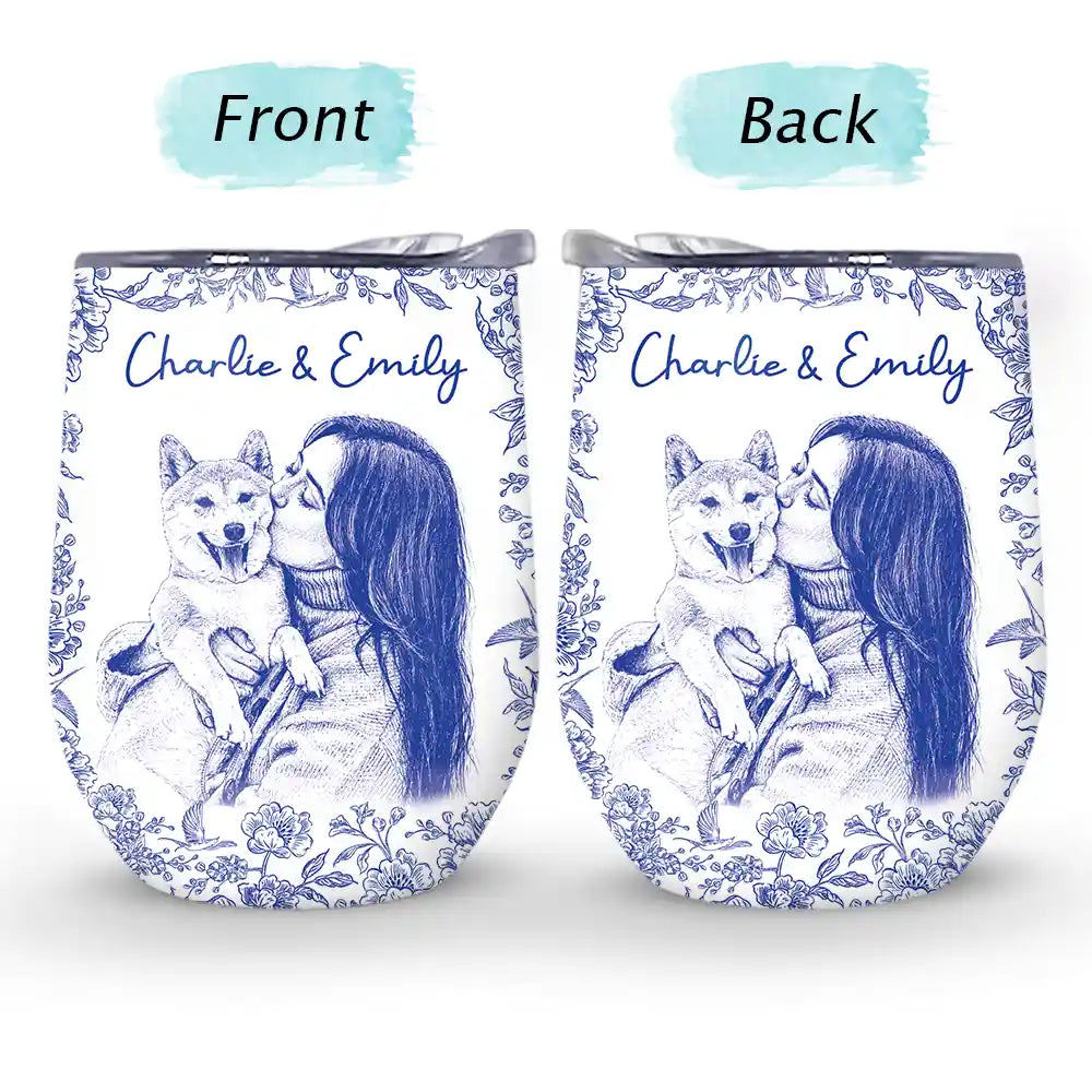 Pet Lovers,Pet Mom,Pet Dad,Dog Lovers,Dog Mom,Dog Dad,Cat Lovers,Cat Mom,Cat Dad,Happy,Custom Photo - Custom Photo Pencil Sketch Dog Cat Portrait - Personalized Wine Tumbler