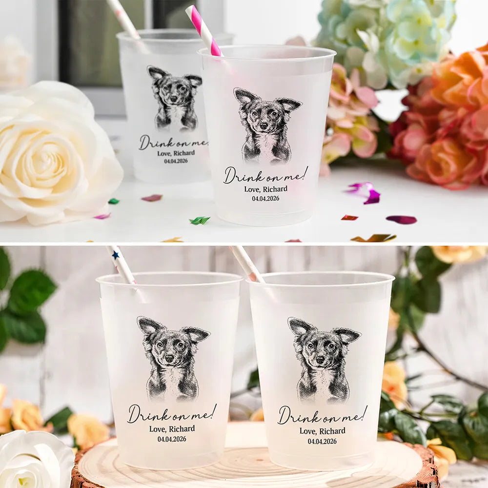 Pet Lovers,Pet Mom,Pet Dad,Pet Couple,Dog Lovers,Dog Mom,Dog Dad,Dog Couple,Cat Lovers,Cat Mom,Cat Dad,Cat Couple,Happy - Custom Photo Pencil Sketch Drink On Me Lovely Pet Face - Personalized Frosted Cups