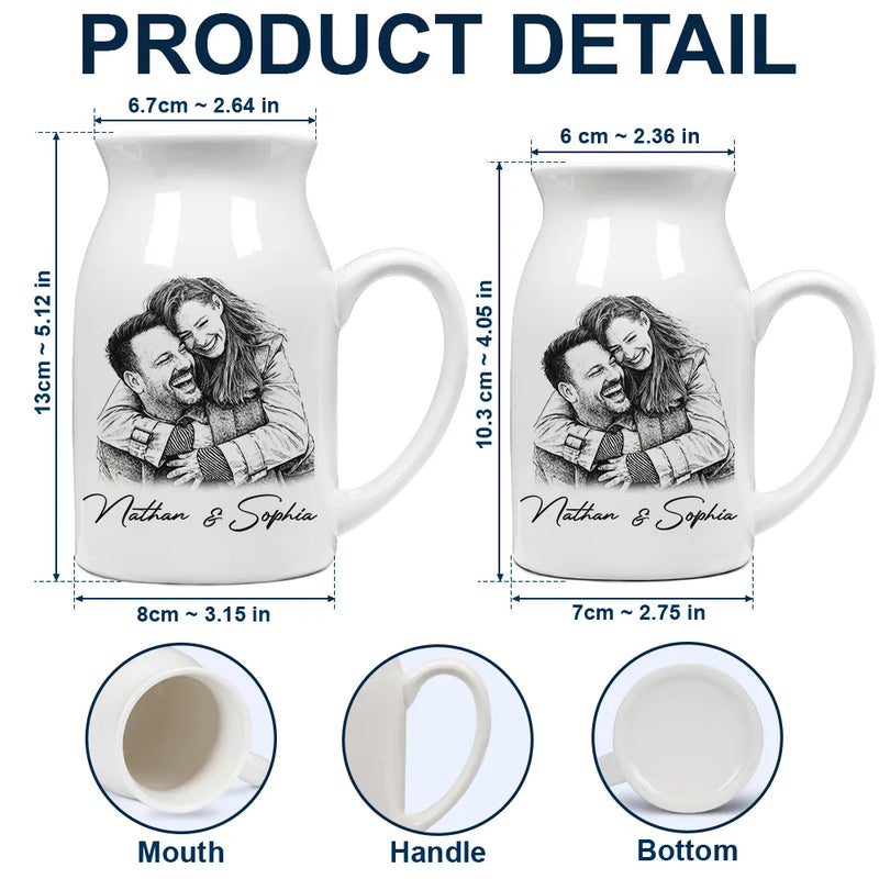 Family, Gift For Bestie, Dog Lovers, Cat Lovers, Happy, Custom Photo, Gift For Mother, Gift For Father - Custom Photo Pencil Sketch Family Besties Dog Cat Portrait - Personalized Ceramic Flower Vase