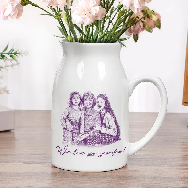 Family, Gift For Bestie, Dog Lovers, Cat Lovers, Happy, Custom Photo, Gift For Mother, Gift For Father - Custom Photo Pencil Sketch Family Besties Dog Cat Portrait - Personalized Ceramic Flower Vase