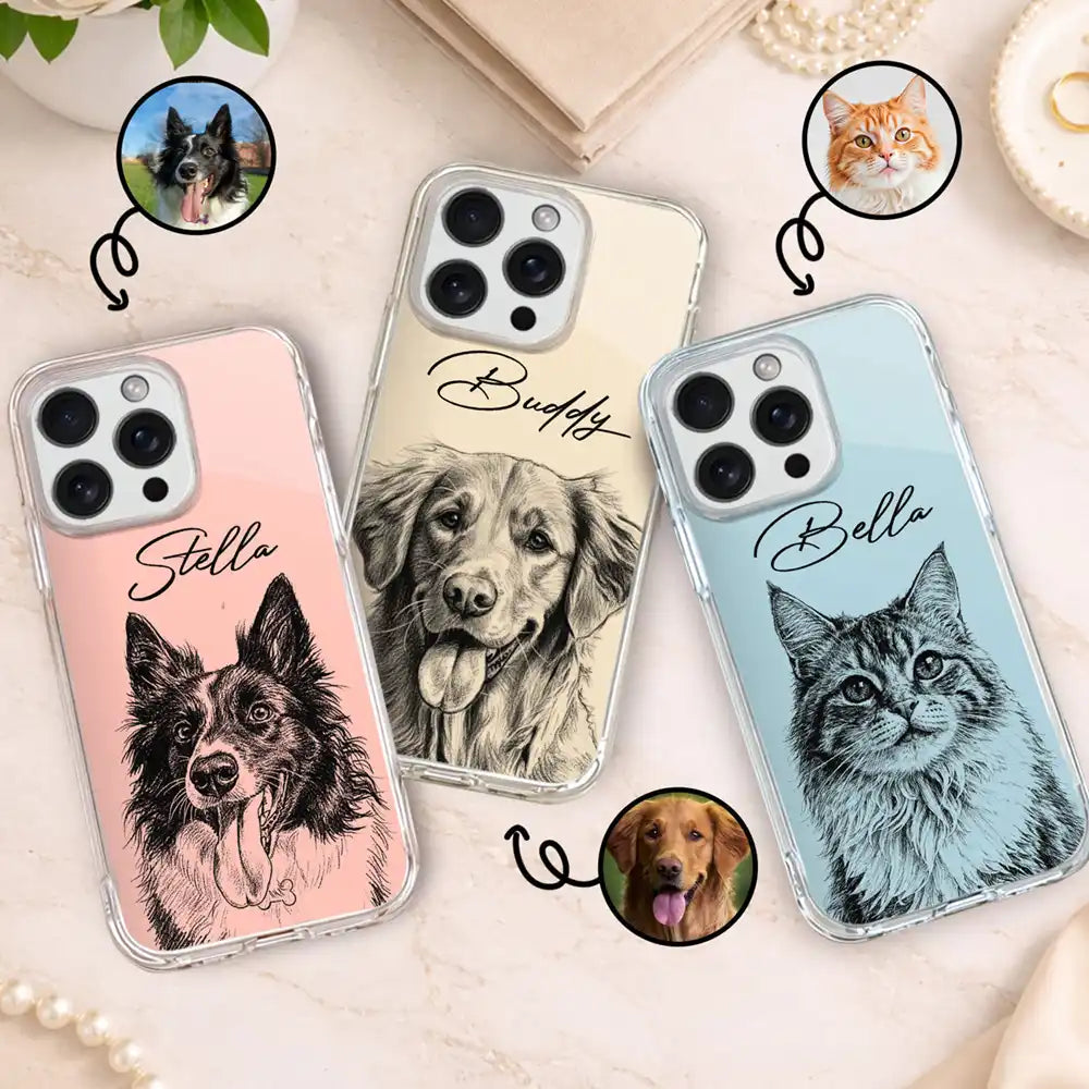 Custom Photo Pencil Sketch Family Besties Dog Cat Portrait - Personalized Clear Phone Case
