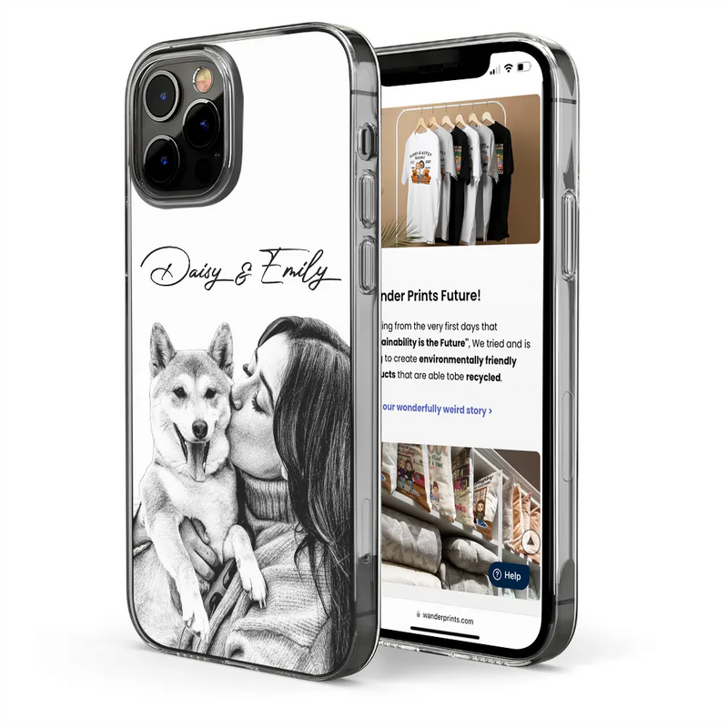 Family,Gift For Bestie,Dog Lovers,Cat Lovers,Happy,Custom Photo,Gift For Mother,Gift For Father - Custom Photo Pencil Sketch Family Besties Dog Cat Portrait - Personalized Clear Phone Case