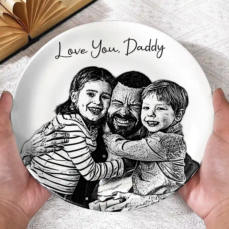 Family, Gift For Bestie, Dog Lovers, Cat Lovers, Happy, Custom Photo, Gift For Mother, Gift For Father - Custom Photo Pencil Sketch Family Dog Cat Portrait - Personalized Ceramic Plate