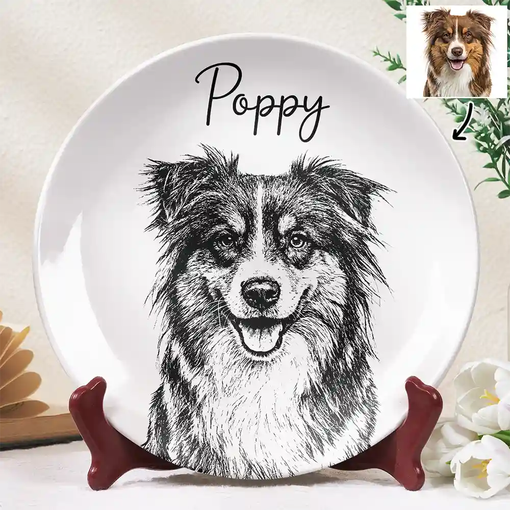 Custom Photo Pencil Sketch Family Dog Cat Portrait - Personalized Ceramic Plate