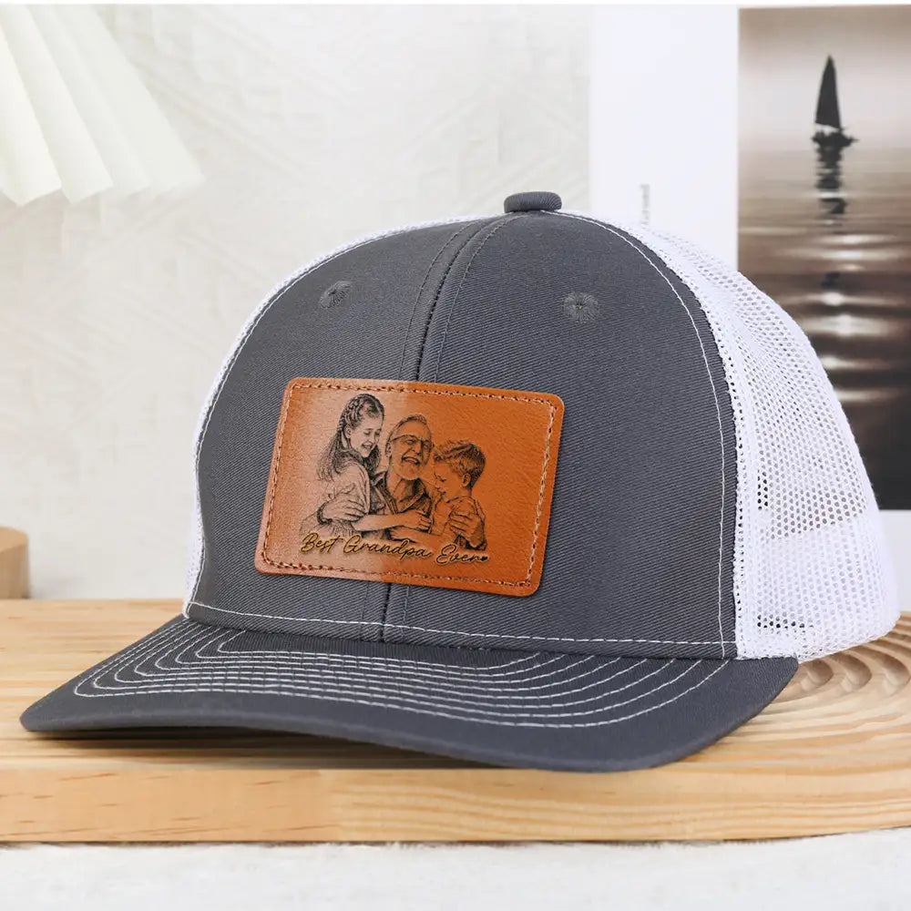 Gift For Mother,Gift For Father,Love,New Dad,New Mom - Custom Photo Pencil Sketch Family Dog Cat Portrait - Personalized Leather Patch Hat