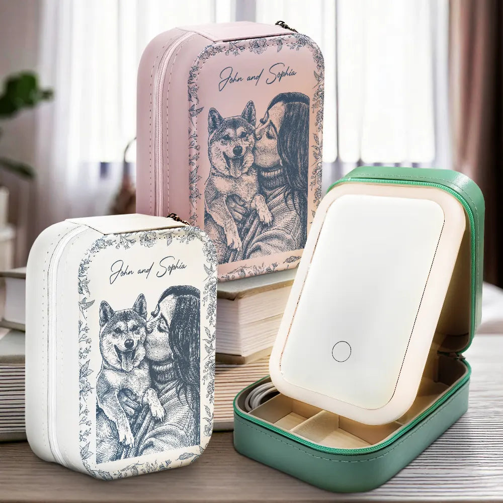 Family, Gift For Bestie, Dog Lovers, Cat Lovers, Happy, Custom Photo, Gift For Mother, Gift For Father - Custom Photo Pencil Sketch Family Dog Cat Portrait - Personalized Makeup Box With LED Mirror