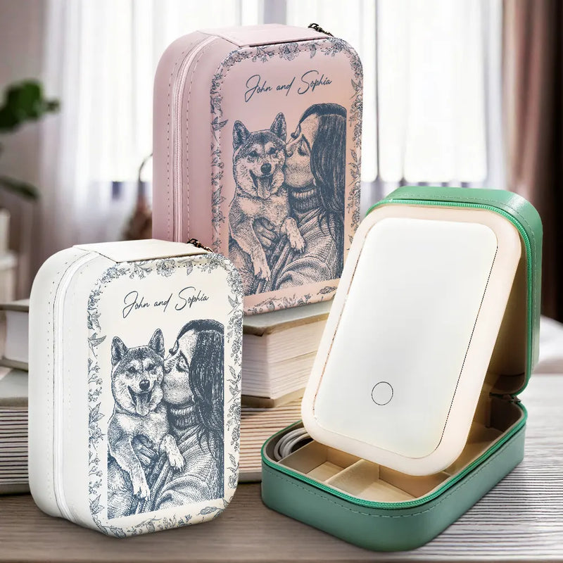 Family, Gift For Bestie, Dog Lovers, Cat Lovers, Happy, Custom Photo, Gift For Mother, Gift For Father - Custom Photo Pencil Sketch Family Dog Cat Portrait - Personalized Makeup Box With LED Mirror