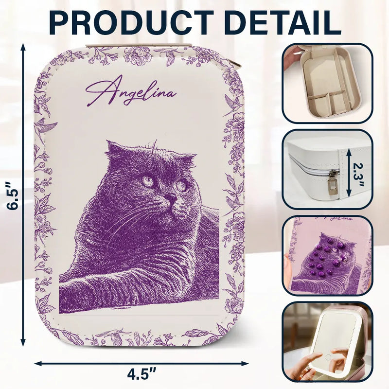 Family, Gift For Bestie, Dog Lovers, Cat Lovers, Happy, Custom Photo, Gift For Mother, Gift For Father - Custom Photo Pencil Sketch Family Dog Cat Portrait - Personalized Makeup Box With LED Mirror