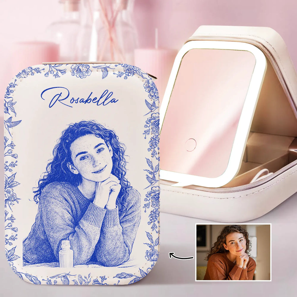 Custom Photo Pencil Sketch Family Dog Cat Portrait - Personalized Makeup Box With LED Mirror