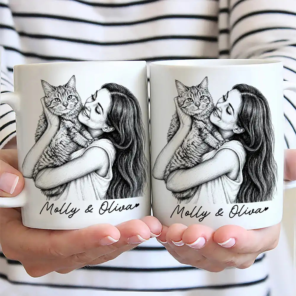Gift For Mother,Gift For Father,Love,New Dad,New Mom - Custom Photo Pencil Sketch Family Dog Cat Portrait - Personalized Mug