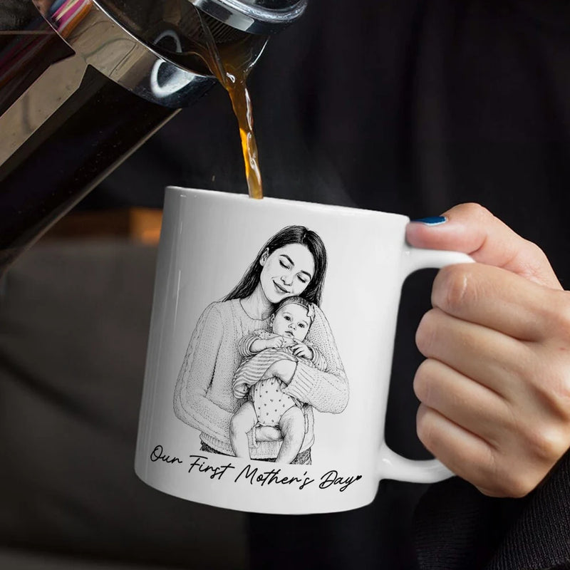 Gift For Mother,Gift For Father,Love,New Dad,New Mom - Custom Photo Pencil Sketch Family Dog Cat Portrait - Personalized Mug