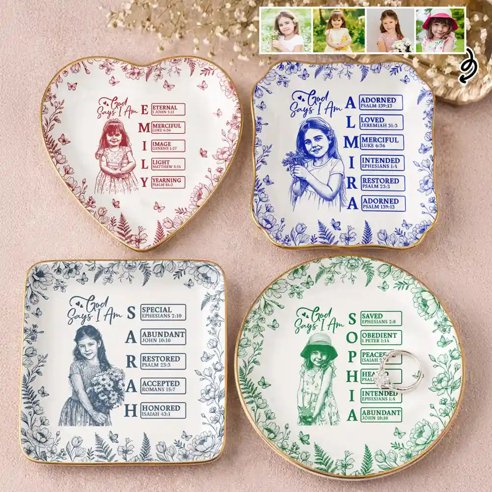 Custom Photo,Gift For Yourself,Gift For Women,Happy - Custom Photo Pencil Sketch God Says I Am - Personalized Ring Dish