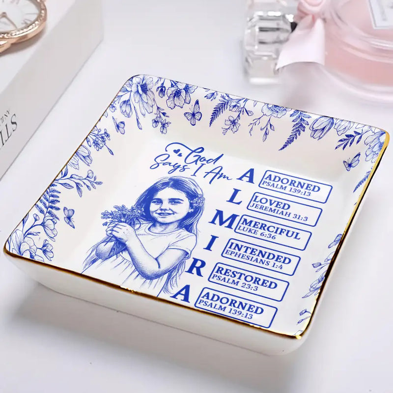 Custom Photo,Gift For Yourself,Gift For Women,Happy - Custom Photo Pencil Sketch God Says I Am - Personalized Ring Dish