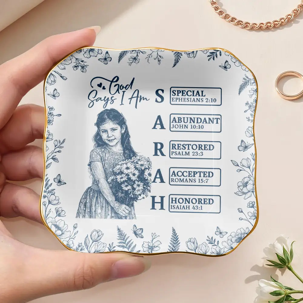 Custom Photo,Gift For Yourself,Gift For Women,Happy - Custom Photo Pencil Sketch God Says I Am - Personalized Ring Dish
