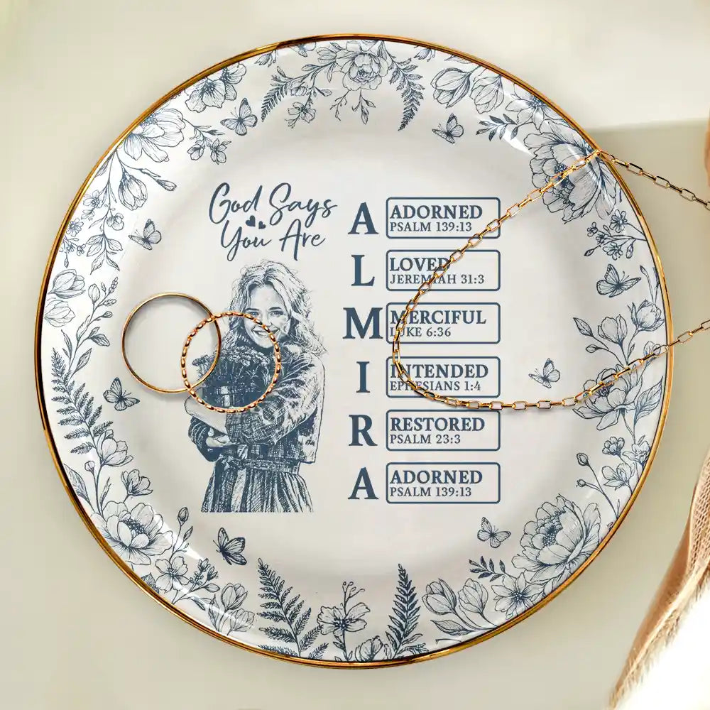 Custom Photo,Gift For Yourself,Gift For Women,Happy - Custom Photo Pencil Sketch God Says I Am - Personalized Ring Dish