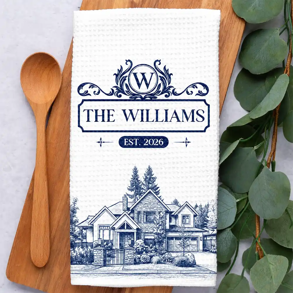 Art Design,New House,Married Couple,Gift For Couples,Photo - Pencil Sketch - Remove BG (For Landscape),Happy - Custom Photo Pencil Sketch Happy Family Monogram Married Couple New Home - Personalized Kitchen Towel