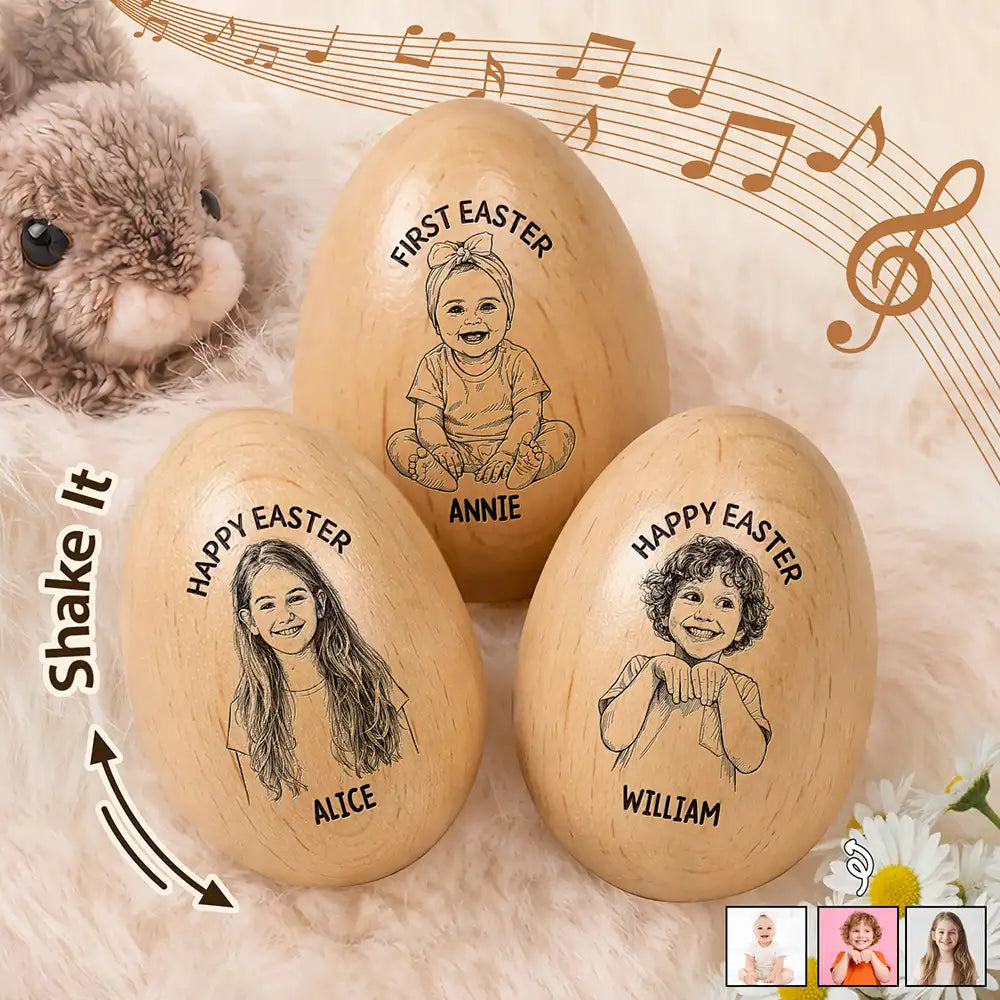 Custom Photo Pencil Sketch Happy Kids Easter - Personalized Musical Wooden Easter Egg Shaker