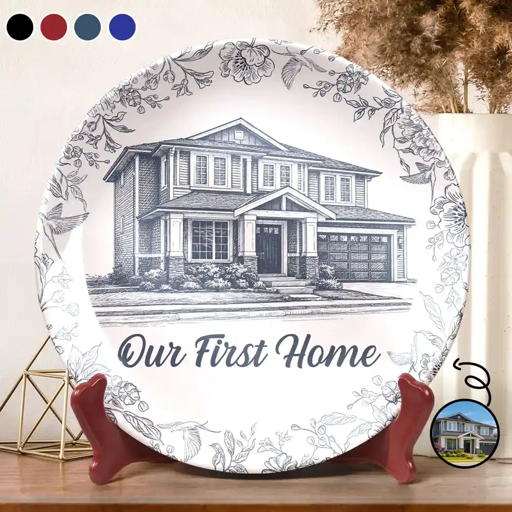 Custom Photo,Family,Happy - Custom Photo Pencil Sketch House Sketch Where Love Never Ends - Personalized Ceramic Plate