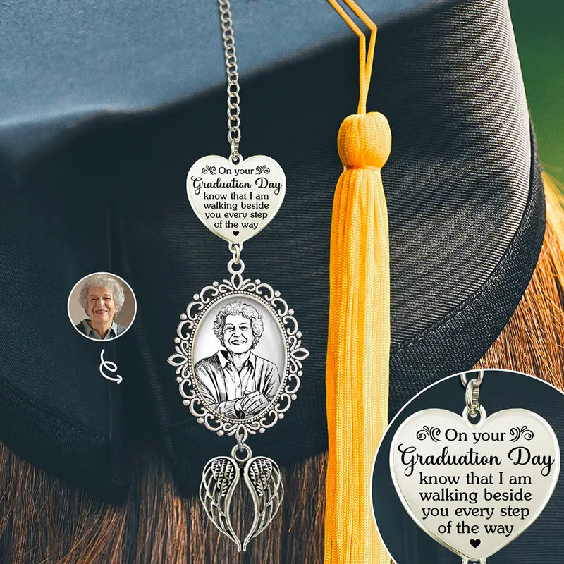 Memorial, Sad, Parents, Gift For Grandparents, Gift For Daughter, Gift For Son, Graduation - Custom Photo Pencil Sketch I Am Walking Beside You Memorial - Personalized Graduation Tassel Charm