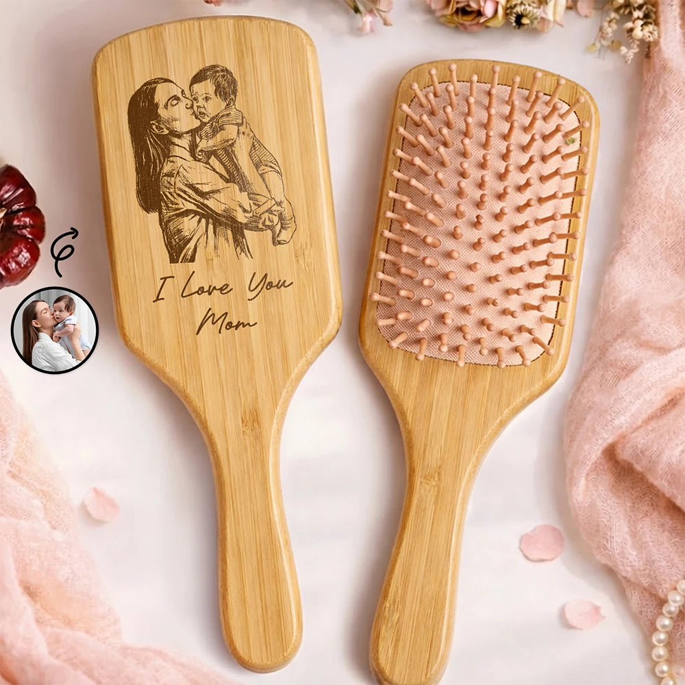 Love,Mom - Daughters (Adult),Mom - Daughters (Young),Gift For Mother,Gift For Wife,Gift For Women,Gift For Grandma - Custom Photo Pencil Sketch I Love You Mom Grandma - Personalized Wooden Hair Brush