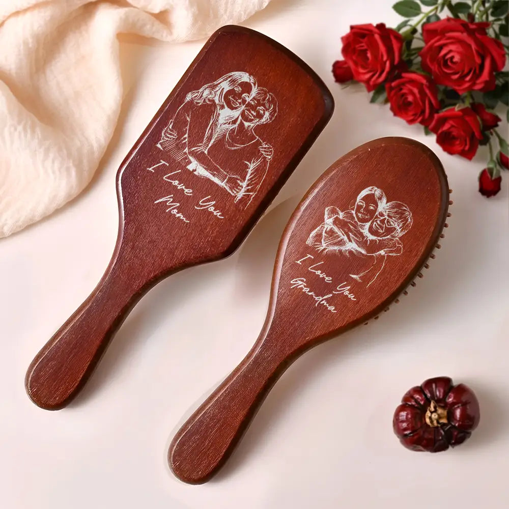 Love,Mom - Daughters (Adult),Mom - Daughters (Young),Gift For Mother,Gift For Wife,Gift For Women,Gift For Grandma - Custom Photo Pencil Sketch I Love You Mom Grandma - Personalized Wooden Hair Brush
