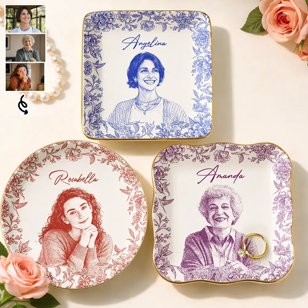 Custom Photo Pencil Sketch Loving Couple Family Pet - Personalized Ring Dish