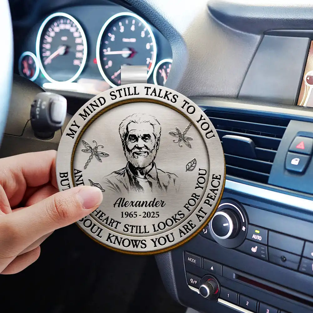Memorial,Family,Sad,Parents,Gift For Grandparents - Custom Photo Pencil Sketch Memorial My Mind Still Talks To You - Personalized Custom Shaped Car Visor Clip