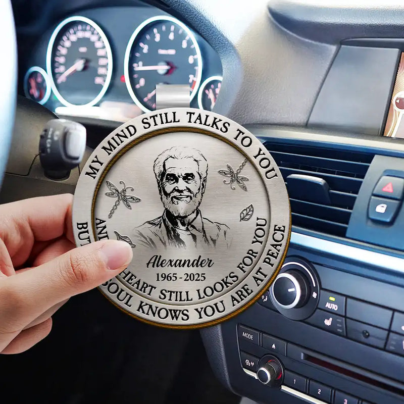Memorial,Family,Sad,Parents,Gift For Grandparents - Custom Photo Pencil Sketch Memorial My Mind Still Talks To You - Personalized Custom Shaped Car Visor Clip