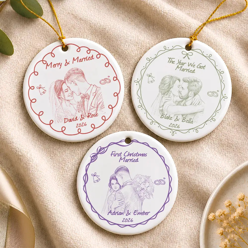 First Christmas,Art Design,Christmas,Romantic,Gift For Couples,Photo - Pencil Sketch - Remove BG - Custom Photo Pencil Sketch Merry & Married First Christmas Couple - Personalized Circle Ceramic Ornament