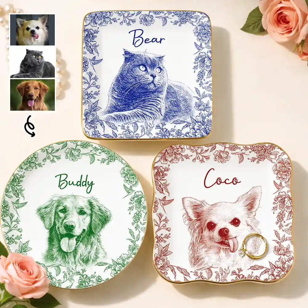 Custom Photo Pencil Sketch Pet Photo - Personalized Ring Dish