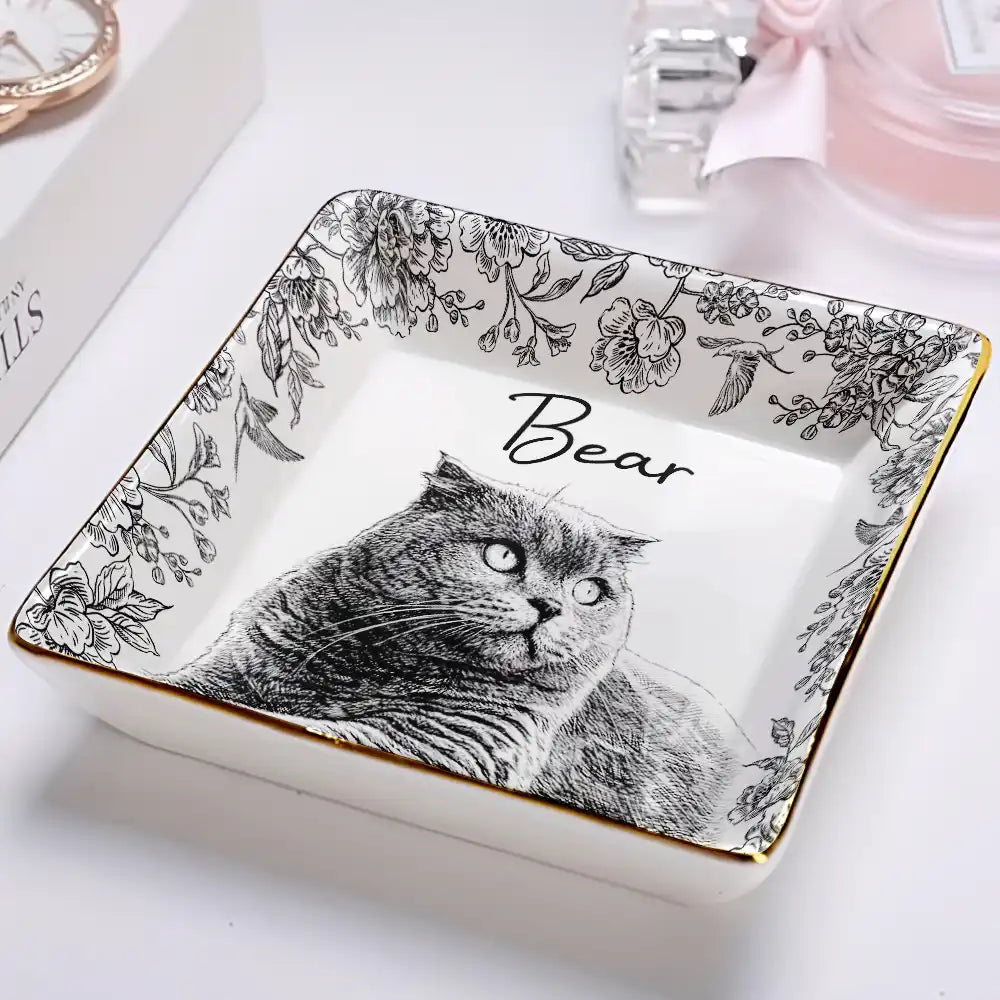 Pet Lovers,Pet Mom,Pet Dad,Dog Lovers,Dog Mom,Dog Dad,Cat Lovers,Cat Mom,Cat Dad,Custom Photo,Happy - Custom Photo Pencil Sketch Pet Photo - Personalized Ring Dish