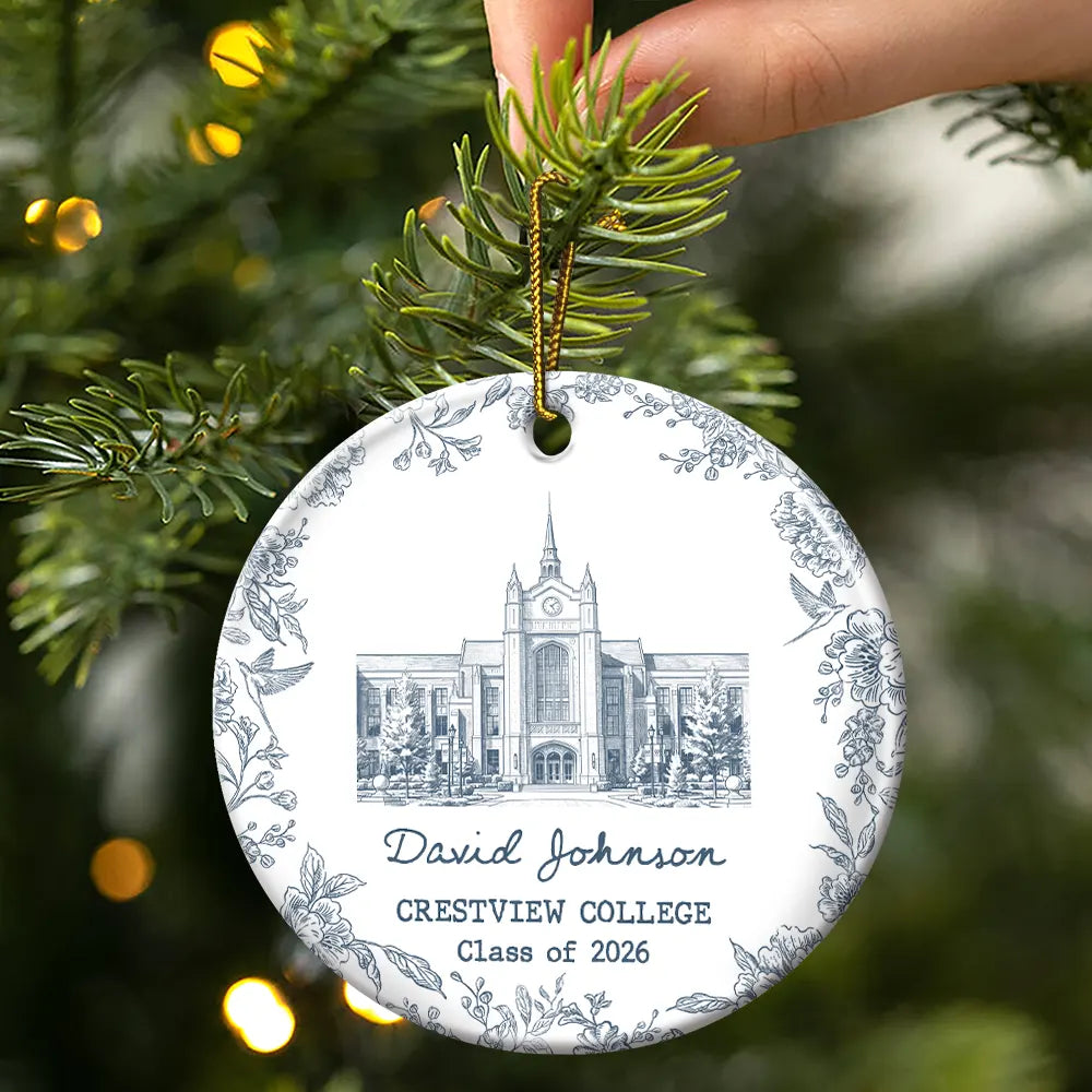 Art Design,Christmas,Proud,Graduation,Gift For Yourself,Gift For Women,Photo - Pencil Sketch - Remove BG (For Landscape) - Custom Photo Pencil Sketch School Landmark Graduation Keepsake - Personalized Circle Ceramic Ornament