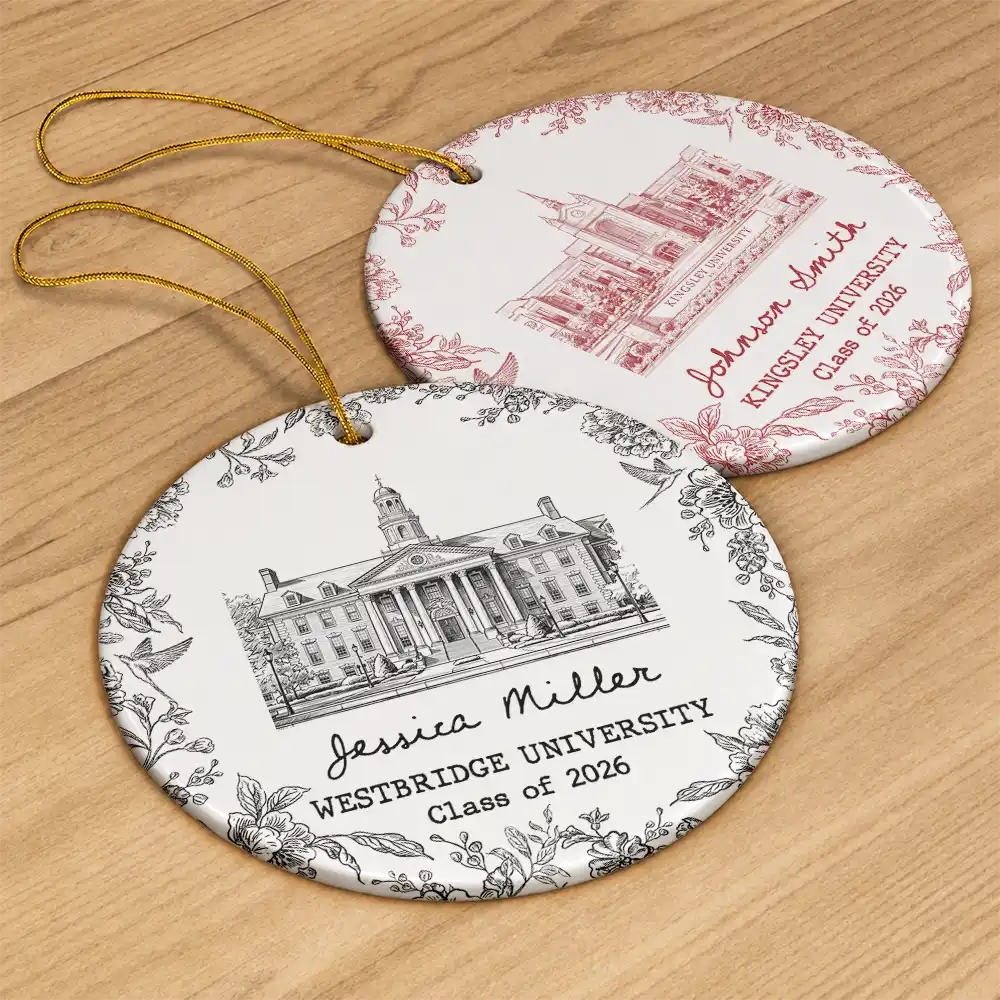 Art Design,Christmas,Proud,Graduation,Gift For Yourself,Gift For Women,Photo - Pencil Sketch - Remove BG (For Landscape) - Custom Photo Pencil Sketch School Landmark Graduation Keepsake - Personalized Circle Ceramic Ornament