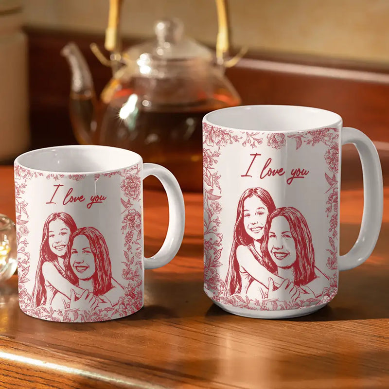 Gift For Mother, Gift For Grandma, Happy, Custom Photo - Custom Photo Pencil Sketch The Love Between Mother & Daughter Is Forever - Personalized White Edge-to-Edge Mug