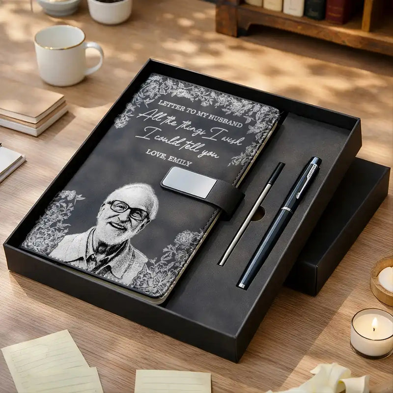 Gift For Yourself, Gift For Women, Gift For Men, Sad - Custom Photo Pencil Sketch Things I Wish I Could Tell You - Personalized Leather Notebook Set