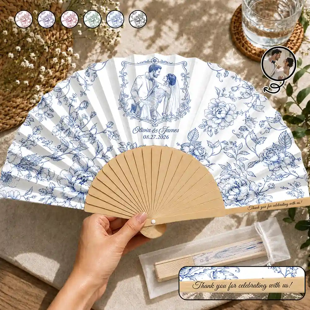 Custom Photo Pencil Sketch Toile De Jouy Couple Wedding - Personalized Hand Folding Fans