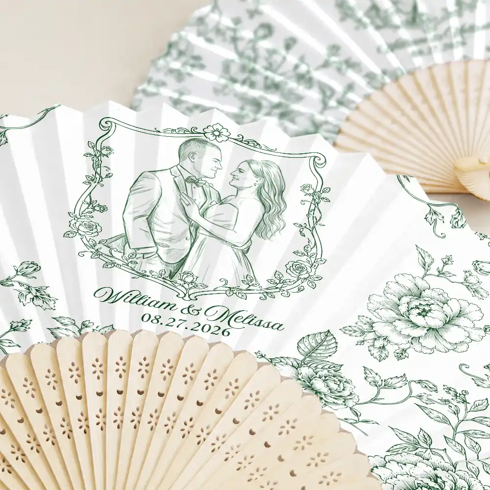 Grateful,Art Design,Gift For Bestie,Wedding,Photo - Pencil Sketch - Remove BG - Custom Photo Pencil Sketch Toile De Jouy Couple Wedding - Personalized Hand Folding Fans