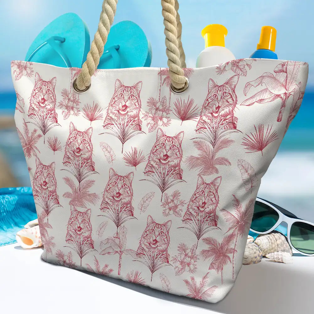 Custom Photo, Art Design, Summer, Pet Lovers, Playful, Photo - Pencil Sketch - Remove BG - Custom Photo Pencil Sketch Toile De Jouy Pattern Family Pet - Personalized Beach Bag