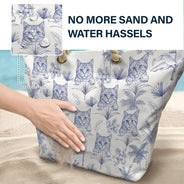 Custom Photo, Art Design, Summer, Pet Lovers, Playful, Photo - Pencil Sketch - Remove BG - Custom Photo Pencil Sketch Toile De Jouy Pattern Family Pet - Personalized Beach Bag